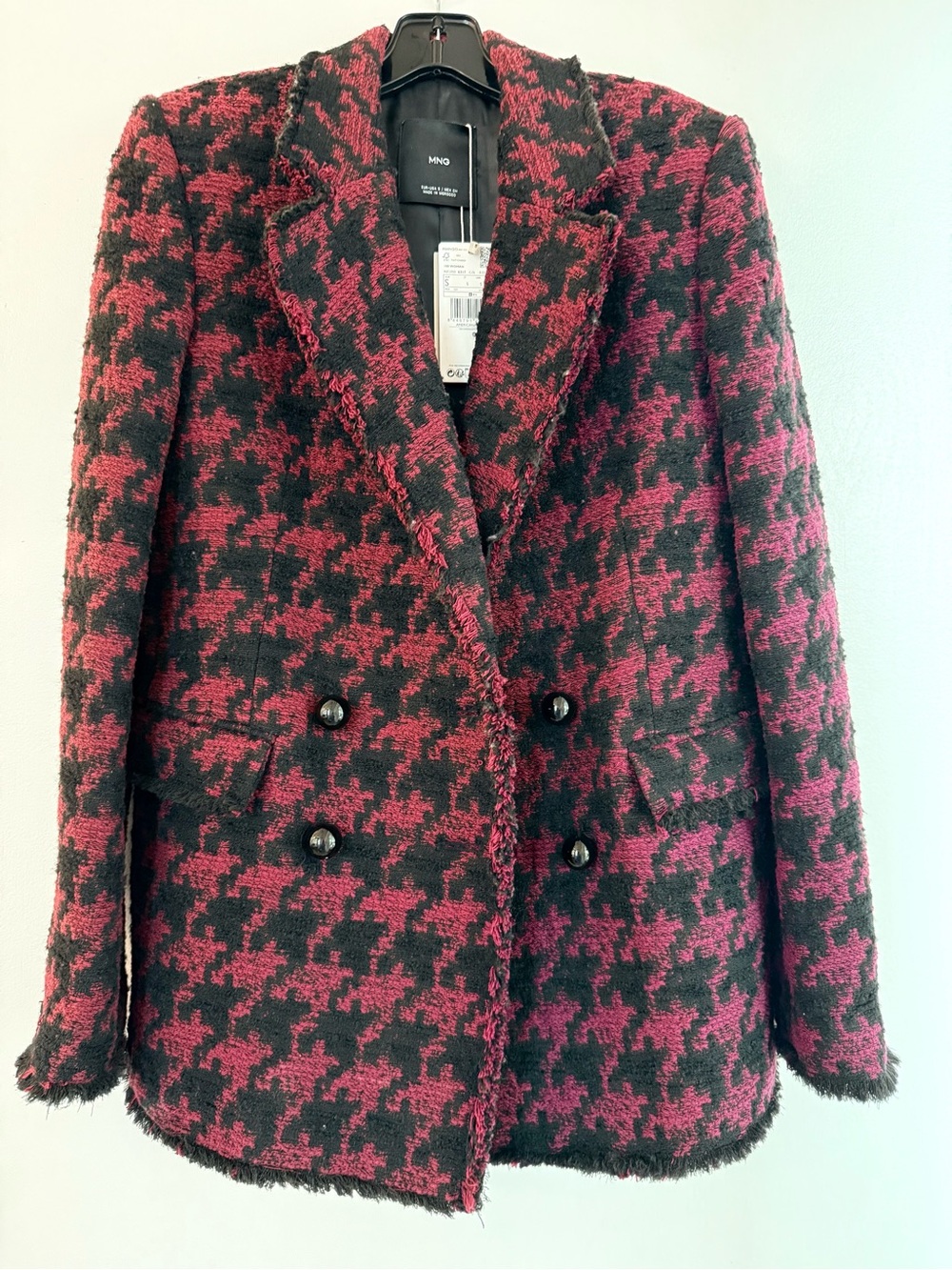 Mango Double-Breasted Houndstooth Bouclé Blazer Jacket - Burgundy/Black NWT